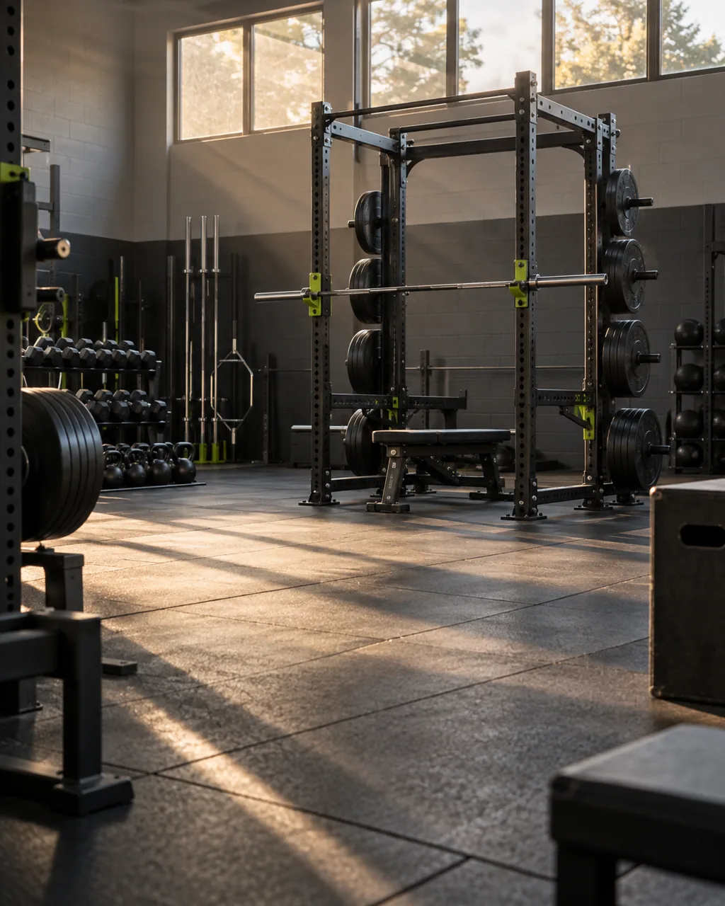 An empty strength training space with a squat rack and organized weight plates